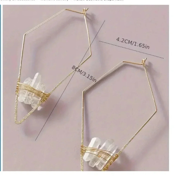 Gold Tone Boho Geometric hoops with wire wrapped Quartz stones - New - Picture 1 of 1